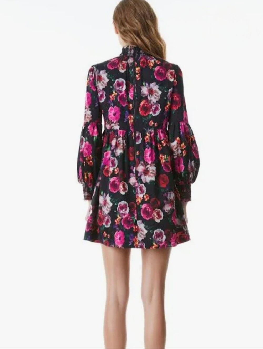 Alice + Olivia Thea Mock Neck Blouson Sleeve Babydoll Dress in  Midnight Rose - Picture 2 of 13